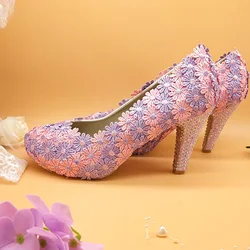 2019 New Arrival Womens wedding shoes Bride Pink/lilac Flower shoes woman Crystal heel party Pumps 10cm thin heel