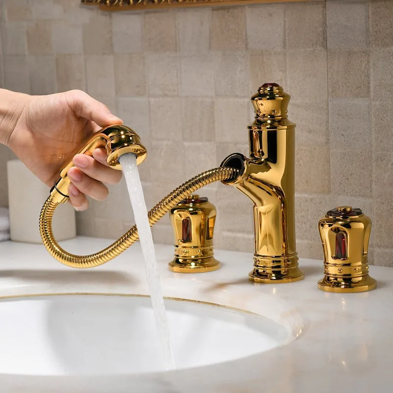 Crown design Gold brass Bathroom Sink Faucet Deck Mounted Golden pull out Lavatory Faucet Cold and hot water Mixer Tap--554