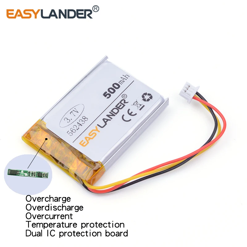 Jst1.25 mm 3pin 3.7V 500mAh 562438 akumulator litowo-jonowy do mp3 mp4 DVR Sho-me Combo 1 Shome A1