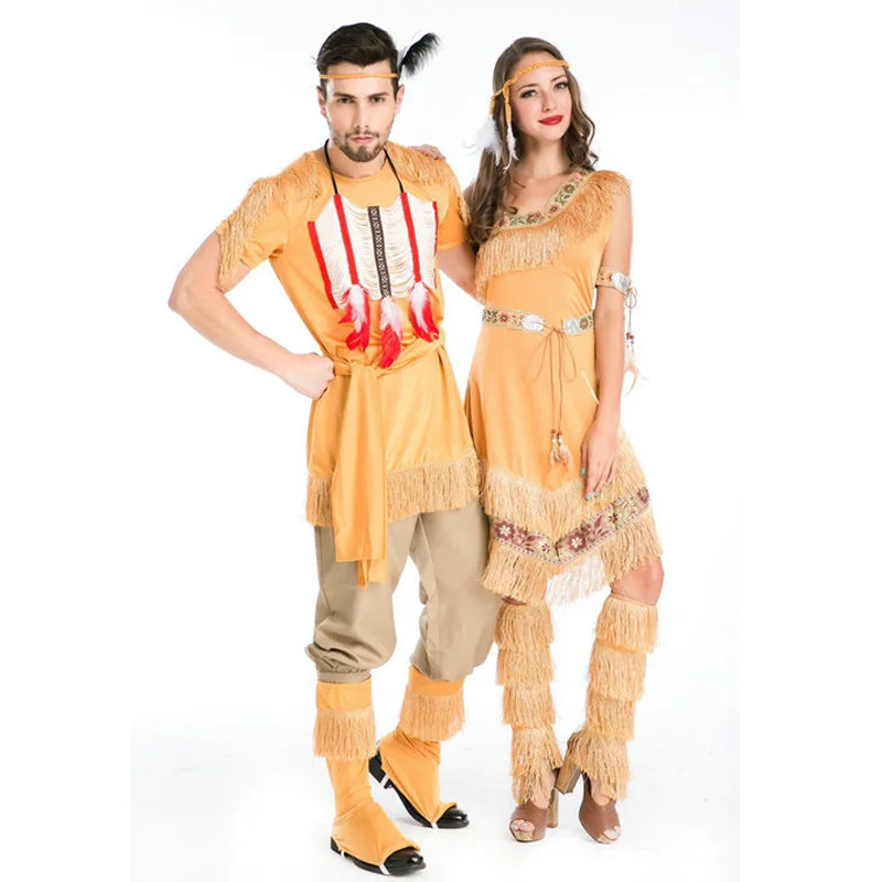 Hoge Kwaliteit Hot Indian Costume Womens Mannen Pocahontas Volwassen Fancy Dress Cosplay Kostuum Halloween Kostuum