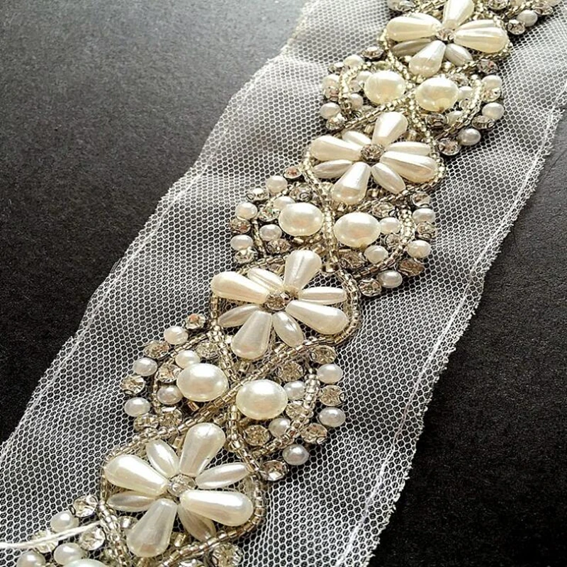 Pearl Beaded Lace Trim 2 Yard For Costume Wedding Dress Belt Brial Sash Jewelry Design