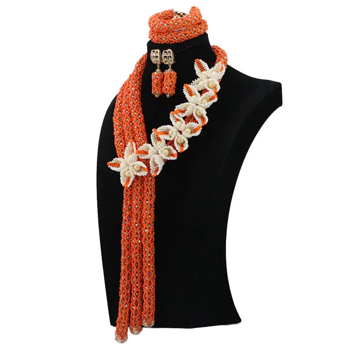 Nigerian Women Wedding Orange Crystal Flowers African Beads Jewelry Set Lady Statement Necklace Earrings Free Shipping ABL605