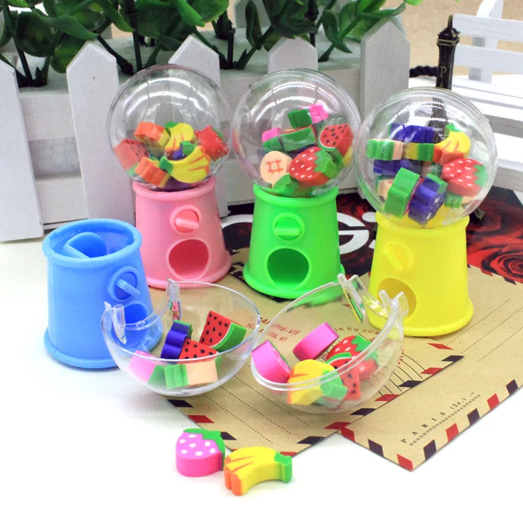 

12sets/lot Funny Candy Machine Fruits Pencil Erasers Kits Writing Stationery Mini Rubber Kids Birthday Party Favor Takeaways