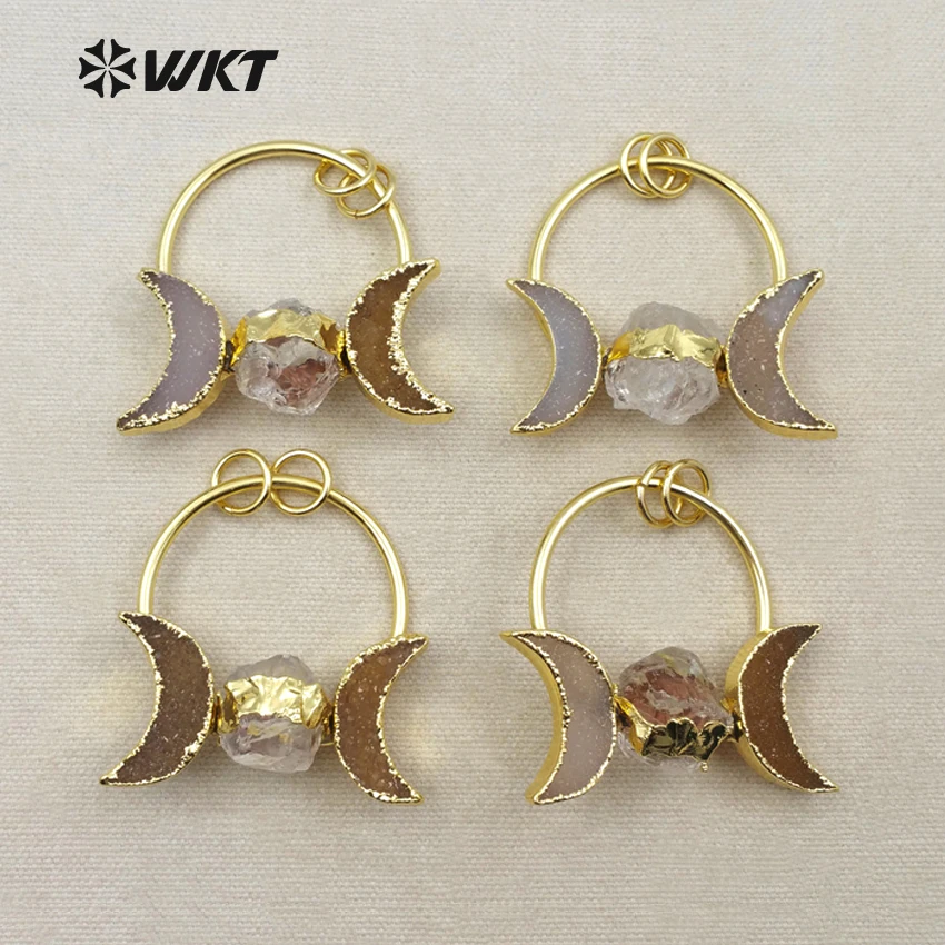 WT-P1255 WKT New Design Fashion Double Loops Pendant With Double Moon Shape Druzy Quartz And Ball Shape Crystal Pendant