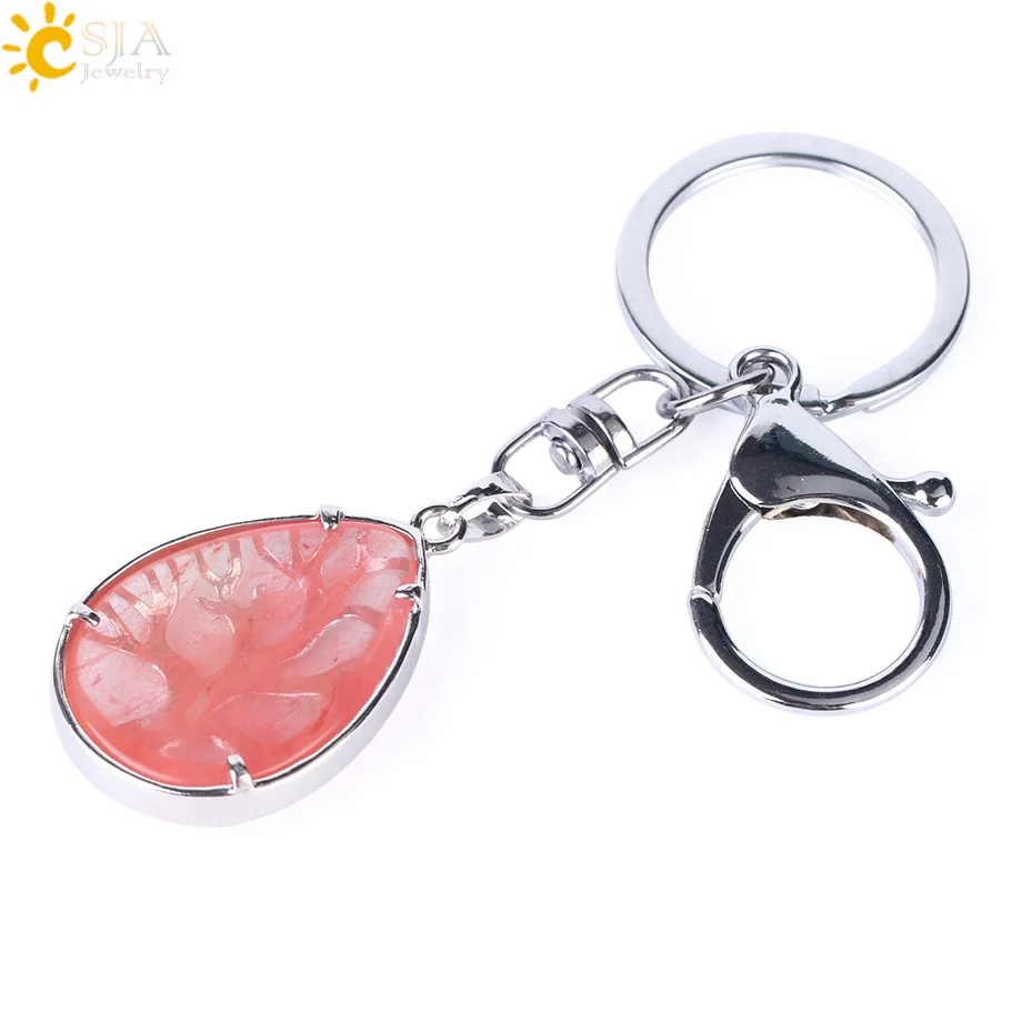 CSJA Fashion Water Drop Keychains Key Ring Key Holder Reiki Natural Gem Stone Tree of Life Pendant for Car Motorcycle Bag F400