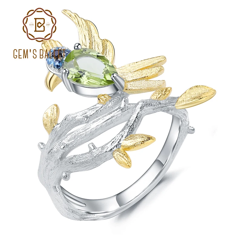 

GEM'S BALLET 925 Sterling Silver Fine Jewelry 0.78Ct Natural Green Peridot Gemstone Ring Handmade Bird on Branch Rings for Women