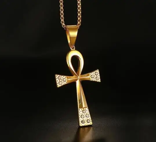 كبير 64 مللي متر بلورات AAA الصليب مصر قلادة الفولاذ المقاوم للصدأ عقد ذهب سلسلة مجانية 24 بوصة للنساء الرجال #4