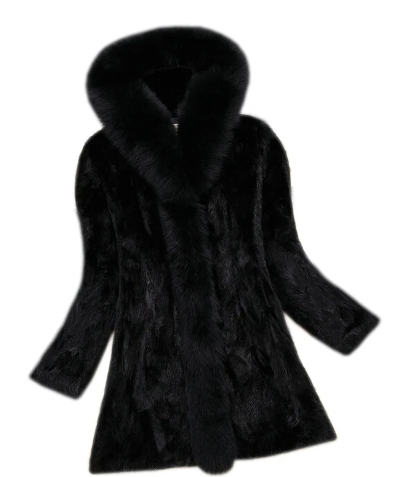 New style fashion fur coat,Genuine fox fur  Collar with hood ,good quality mink fur coat, women natural black coats of fur