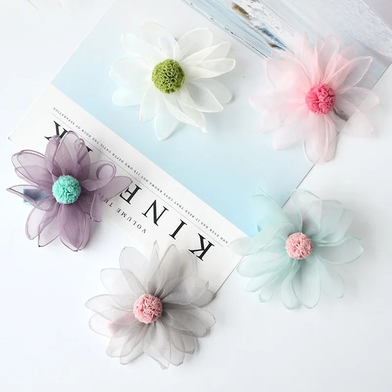 

Boutique 20pcs Fashion Cute Gauze Pom Pom Flower Hairpins Solid Chiffon Floral Girls Hair Clips Princess Hair Accesscories