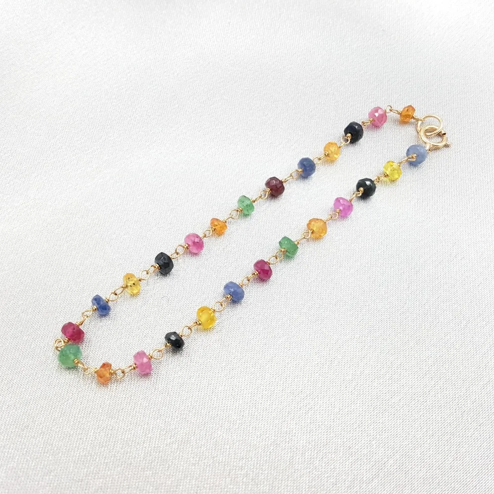 Natural Rainbow Sapphire Ruby Emerald 925 sterling silver Gold Color Handmade Knitting Shining Bracelet
