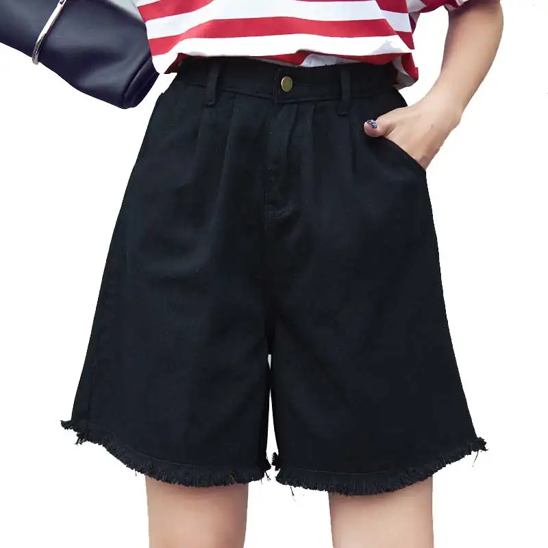 High Waisted Elegant Denim Shorts Womens Sexy Jeans Short MID-Length Wide Leg With Tassel Cotton Blue Thin Plus Size S-3XL image 3