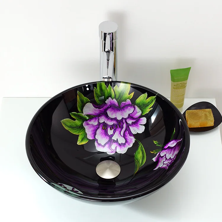 Bathroom Tempered Glass Washbasin Hand Painted Plum Blossom and peony pattern Art Basin glass vessel sinks