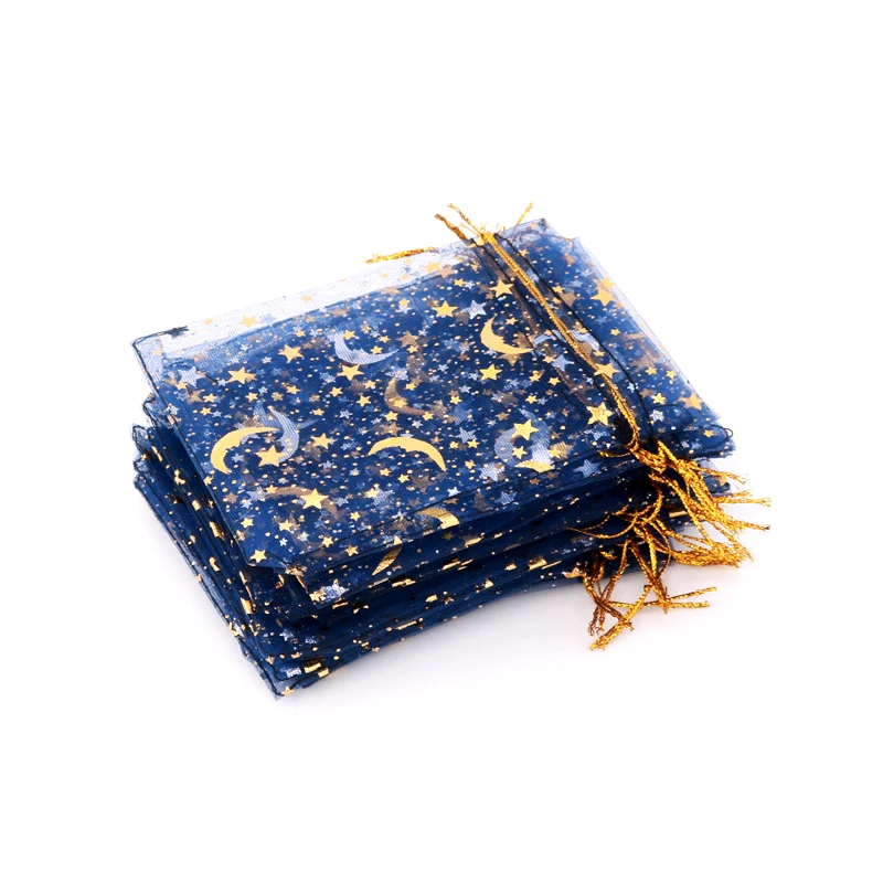 50Pcs/Lot Navy Organza Bags 7x9 9x12cm Small Wedding Christmas Candy Jewelry Packaging Bags Moon Star Drawstring Pouch Gift Bag