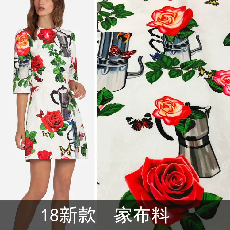 new pattern white kettle rose jacquard fabric skirt dress fashion cloth wholesale stock