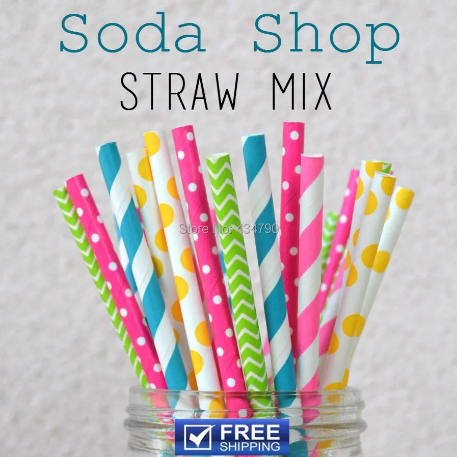 250 Pcs Mix 5 Designs Soda Shop Paper Straws, Yellow, Teal Blue, Deep and Hot Pink, Lime Polka Dot, Swiss Dot, Chevron, Striped