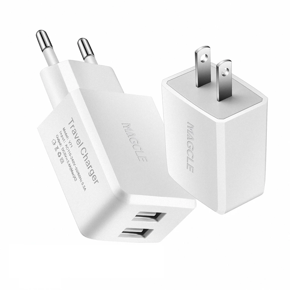 Magcle الاتحاد الأوروبي/الولايات المتحدة الجدار شاحن 5 فولت/2.4A المزدوج USB شاحن السفر موبلي مهايئ شاحن الهاتف للهاتف المحمول + 2A Magcle كابل