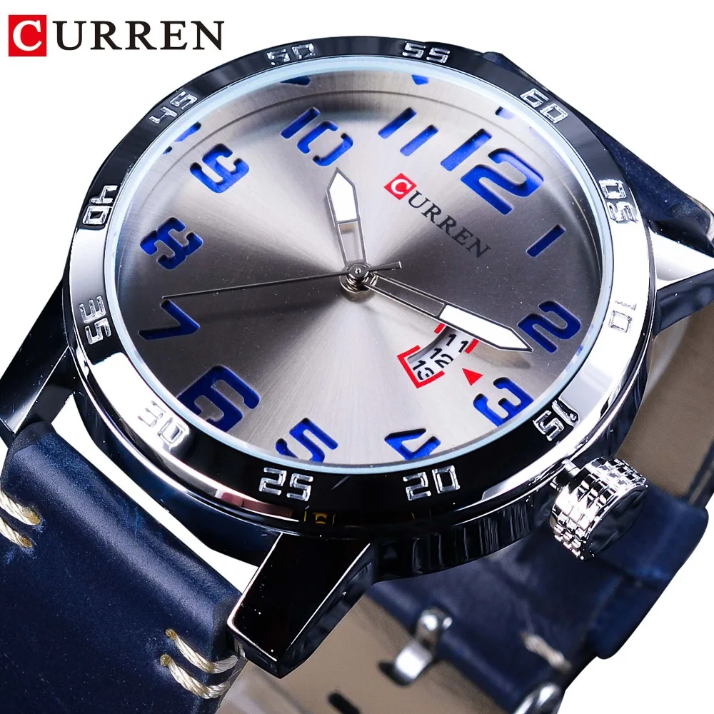 

CURREN Calendar Display Blue Genuine Leather Belt 3D Laser Dial Mens Quartz Watches Waterproof Top Brand Luxury Hour Male Clock