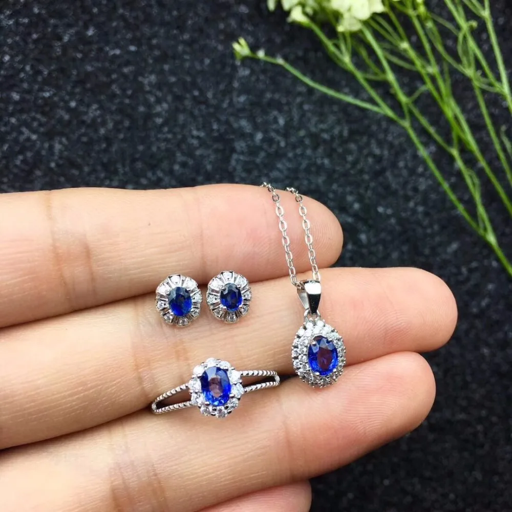 Natural sapphire suit, authentic color, good quality, from natural mining area, 925 silver jewelry, ring necklace earrings