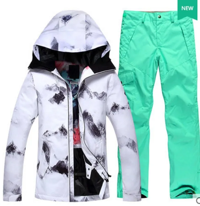 Womens Ski Race Suit Female White Insulated Snowboarding Riding Jacket With Black Waterproof Pants Lightweight Skating SnowSuit