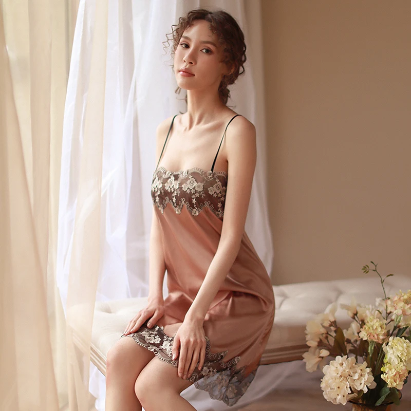 Yhotmeng new sexy woman sleepwear  strap nightdress ice silk flower halter transparent thin nightdress set