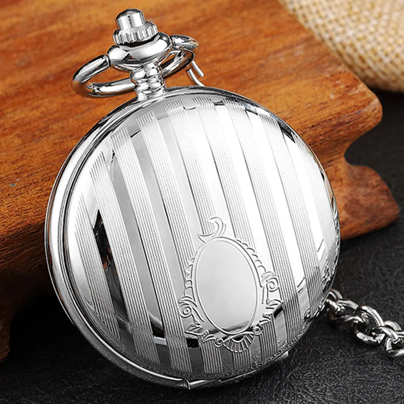 Silver Stainless Steel Vintage Mechanical Pocket Watch Stripe Engraved Double Side Case Skeleton Fob Watch Steampunk Men Women