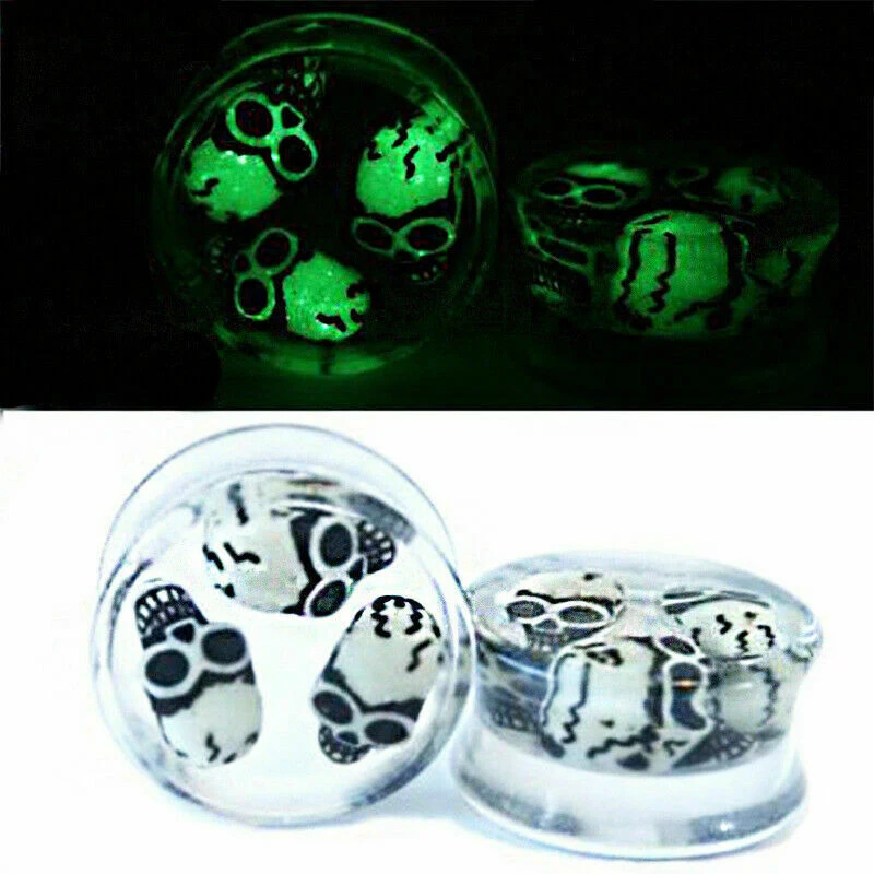 2 PCS Luminous Ear Flesh Tunnels Plugs Lobe Gauges Skull Body Jewelry Ear Expander Stretching Glow In Dark 6-20mm Punk Piercing