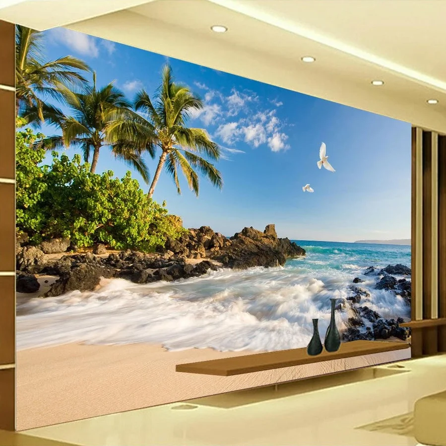 

Custom 3D Photo Wallpaper HD Sea View TV Background Wall Mural Wallpaper Coconut Trees Seawater Home Decor Landscape Wall Paper