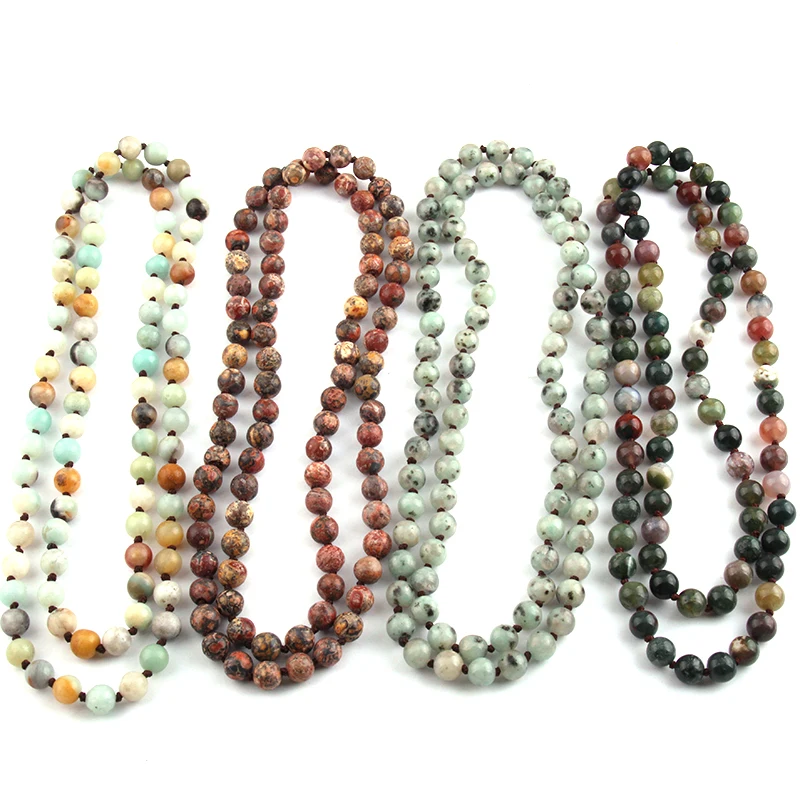 Fashion  Semi Precious Stones Beads Statement Necklaces long Knotted Beads Necklace