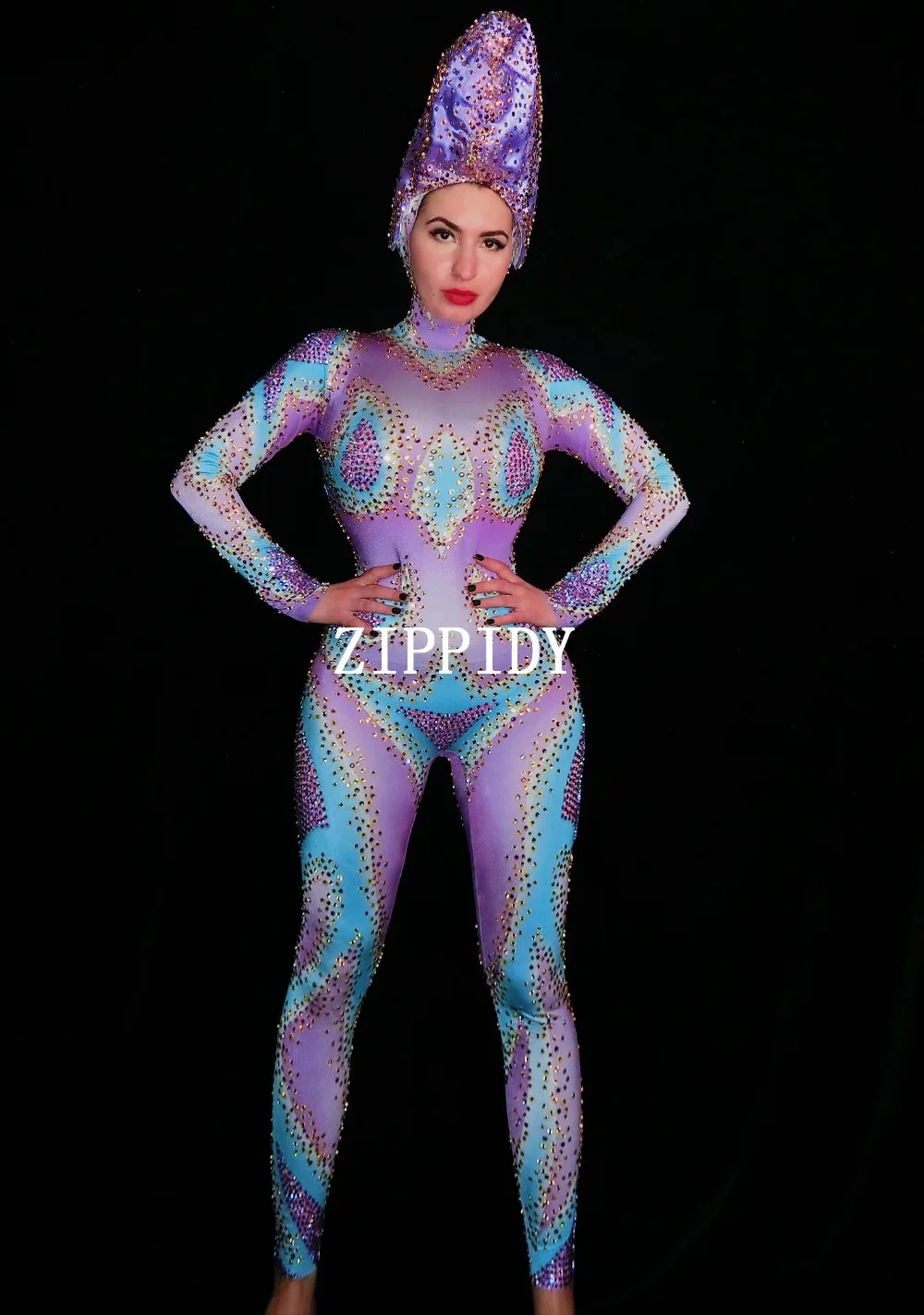 2019 Fashion  Shining Purple Blue Rhinestone Jumpsuit Stretch Dance Headdress Outfit Female Singer Evening Sexy Bodysuit Wear