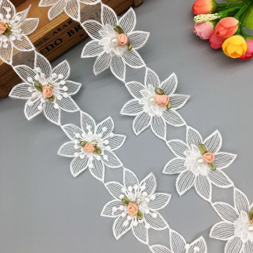 

1 Yard Pearl Rose Flower Embroidered Lace Trim Ribbon African Fabric Handmade Wedding Sewing Crafts For Costume Hat Decoration