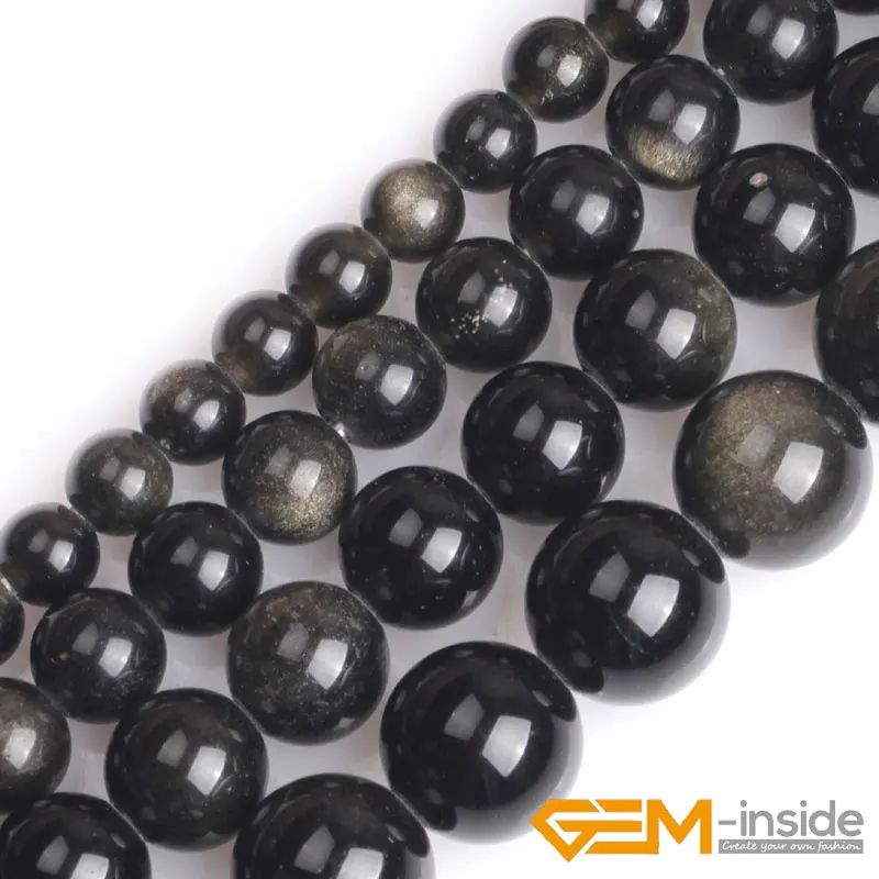 1.5mm-2mm Big Hole Natural 6mm 8mm 10mm12mm Round Golden Black Obsidian Stone Loose Beads For Jewelry Making 15\