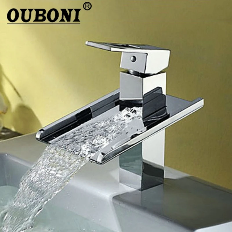 

OUBONI Waterfall Spout Polished Chrome Finished Bathroom Basin Sink Mixer Tap Deck Mounted Single Handle Faucet