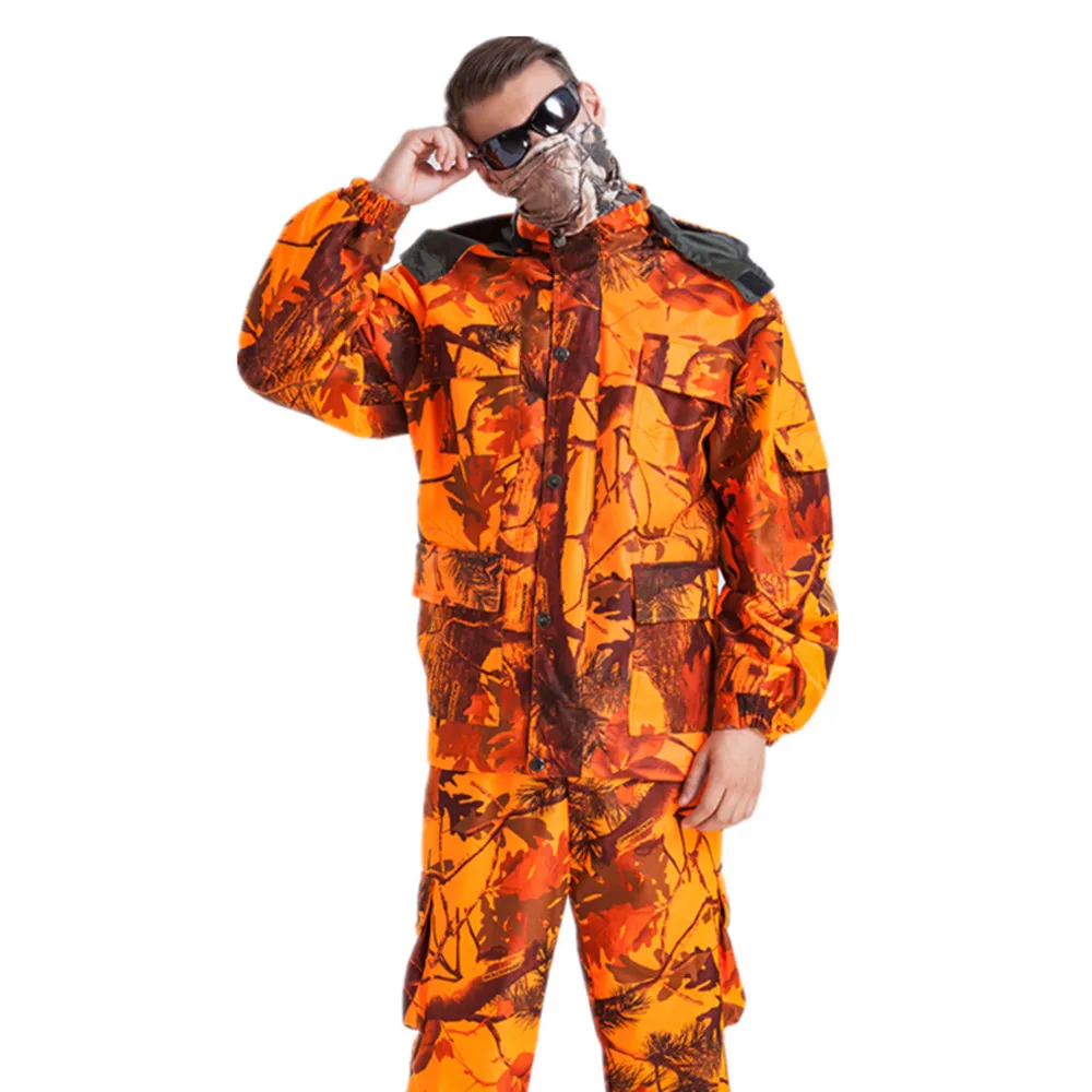 Outdoor Men\'s Blaze Orange Bionic Camouflage Hunting Fishing Suit  Wind-Waterproof Climbing Tactical Shooting Jacket Pants