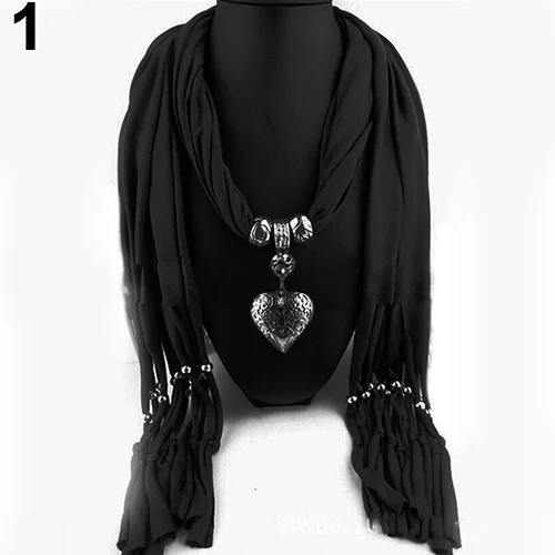 Women Fashion Soft Bead Tassels Scarf with Love Heart Charm Pendant Accessory