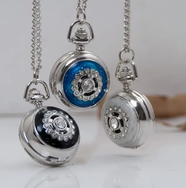 10pcs/lot Vintage Rhinestone Cat Eye Dark blue white black Stone Mirror Pocket Watch Necklace WE126, Dia: 27MM