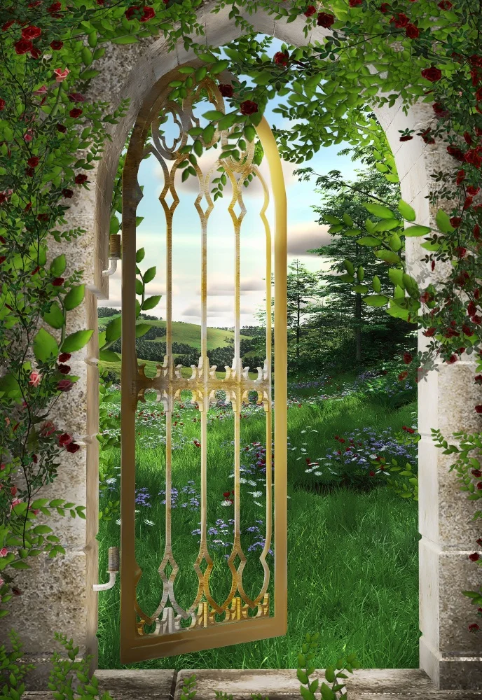 Laeacco Yard Arch Door Rattan Grassland Flowers Photography Backdrops Customized Photography Background For Photo Studio