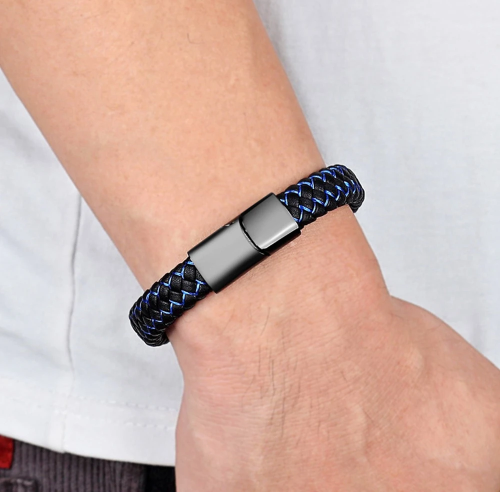 XQNI Men Jewelry Punk Black Blue Braided Leather Bracelet for Men Stainless Steel Magnetic Clasp Fashion Bangles Gifts 6 Colors