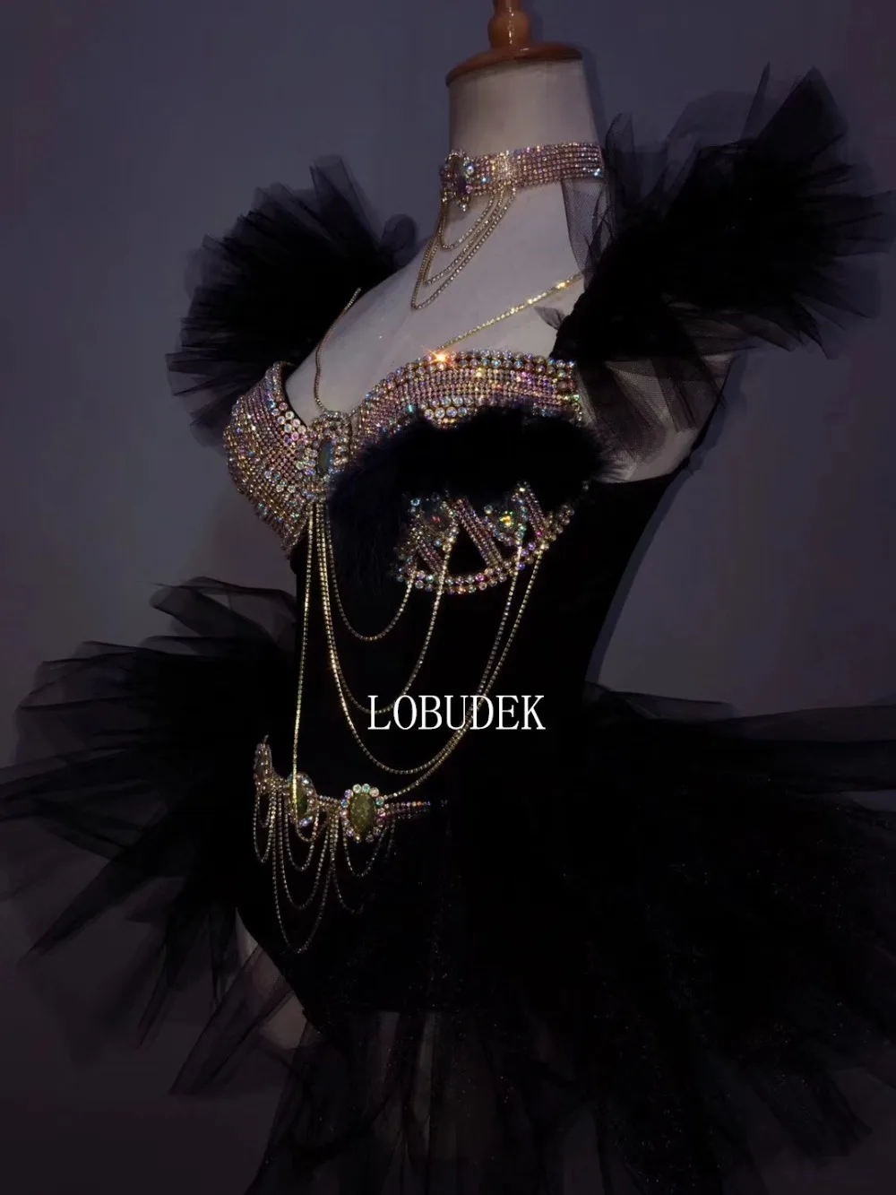 Sexy Gold Rhinestone Chains Bodysuit Gauze Skirt Dance Clothes Bar Nightclub Stage Costume Carnival Party Show Club Rave Outfits