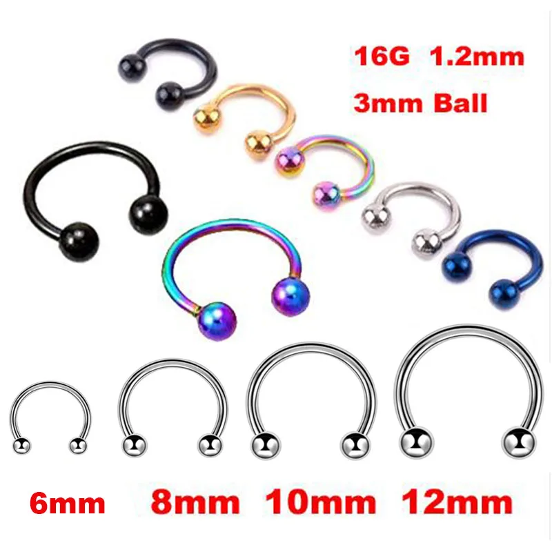 2 Pcs * 4 Color Surgical Stainless Steel Circular Barbells Horseshoe Nose Ring Lip BCR Body Piercing Earring Tragus Ring