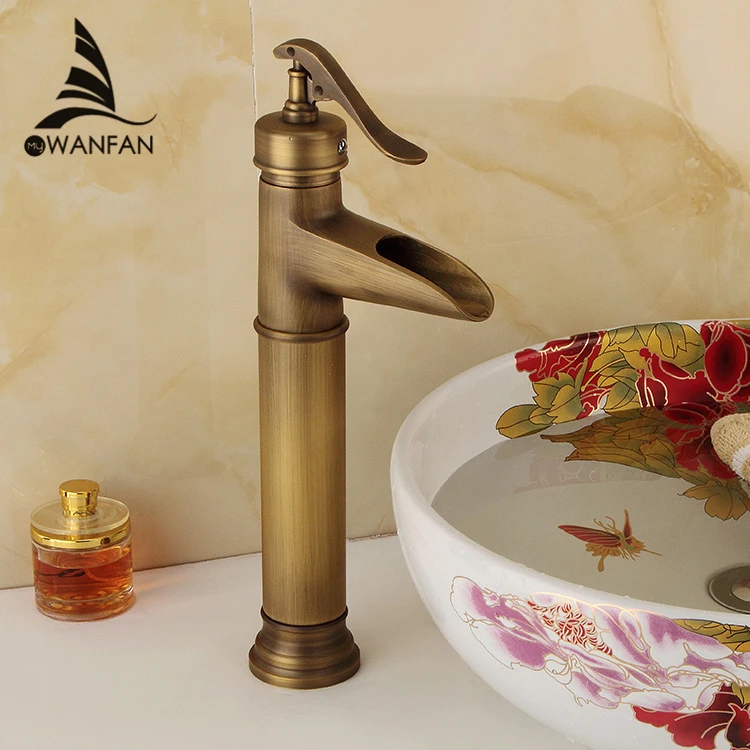 

Basin Faucets Antique Brass Waterfall Bathroom vessel Sink Faucet Single Handle Hole Deck Wash Mixer Water Tap WC Taps ZLY-1909