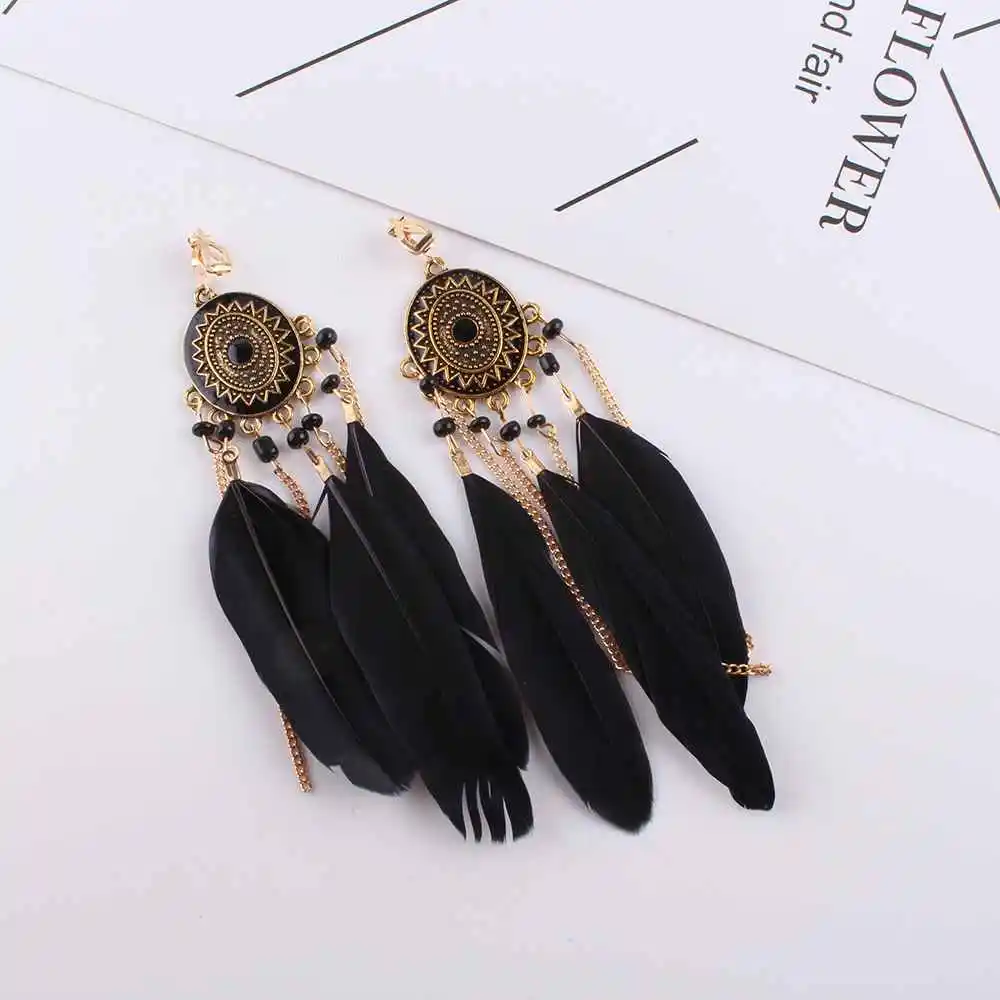 Fashion Bohemian Long Tassel Enamel Feather Clip on Earrings for Women Without Piercing Hanging Ear Clips Female Bijoux 2018