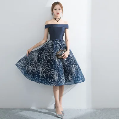 Robe de soirée courte bleu marine, Unique, élégante robe de bal, épaules dénudées, robes de fête formelles, turquie, boutique en ligne, 2019