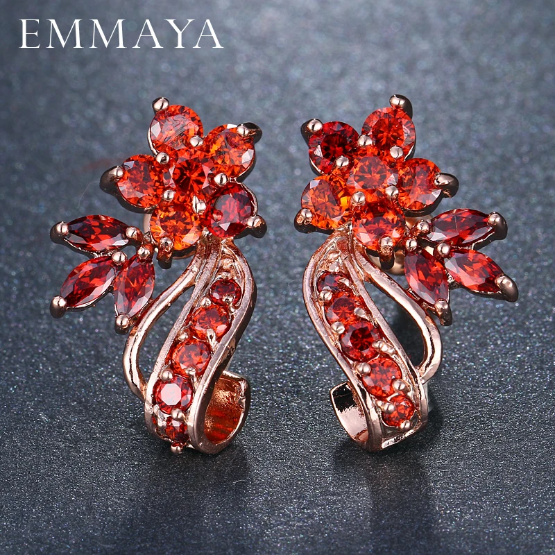 EMMAYA Fashion Red CZ Crystal Earrings Colorful Flower Stud Earrings Rose Gold Color Earrings for Women Cheap Price