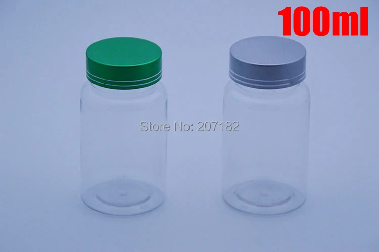 

100pcs 100ml Transparent PET Medicine Bottles,Capsules/Pills/Powder/Vitamins Plastic Bottles-- Green Metal Caps