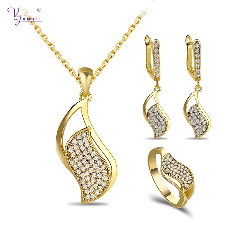 Kfvanfi geometric gold color plated copper material cubic zircon pendant necklace drop earrings ring jewelry sets for women