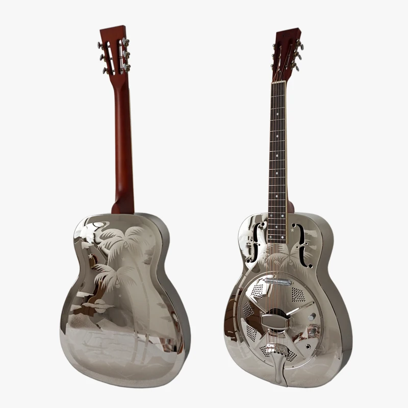 Aiersi-Hawaii Tree Palm Pattern Brass Electric Resonator Guitar with Case