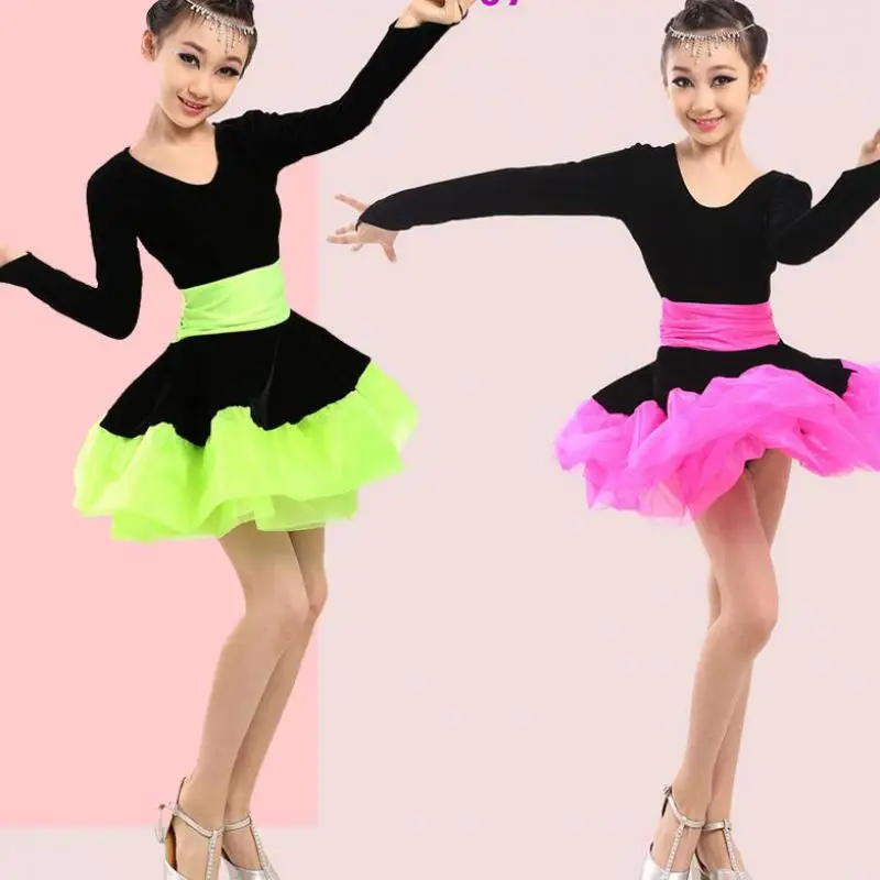 Professional Girl Long Sleeves Latin Dance Dress Children Ballroom Dancing Dress Kids Salsa Rumba Cha Cha Tango Stage Dress Wear