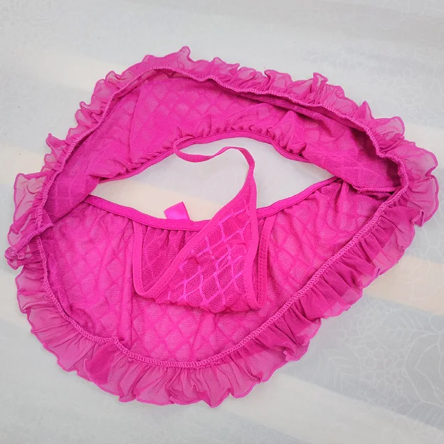 Sissy-bragas tipo Tanga con falda, lencería Sexy Gay, ropa interior a cuadros con lazo, faldas con volantes, bolsa para pene, ropa interior transparente