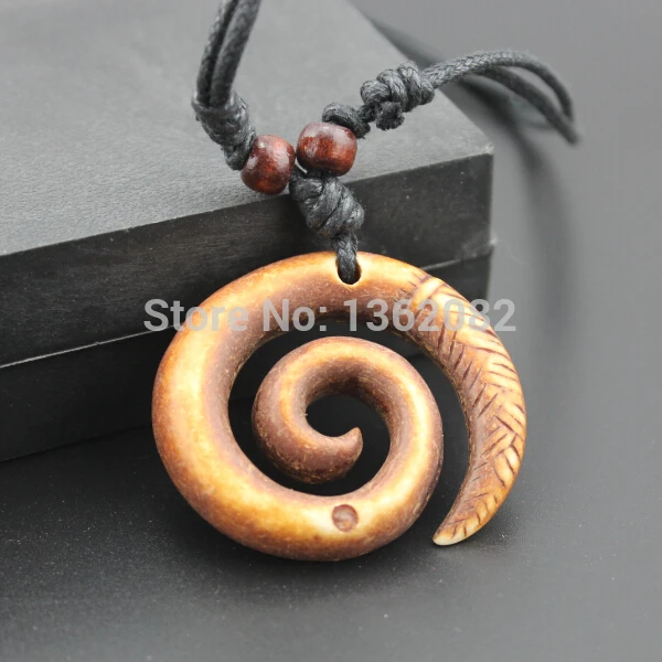 Imitation Yak Bone Hand Carved Spiral Swirl Maori Fishhook Surfer Amulet Koru Pendant Necklace Gift MN247