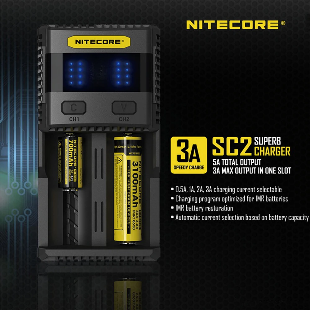 Nitecore SC2 Charger Intelligent Battery Charger USB Max Output 2.1A for LiFePO4 Lithium Ion Ni-MH NiCd 26650 10350 10440 18650